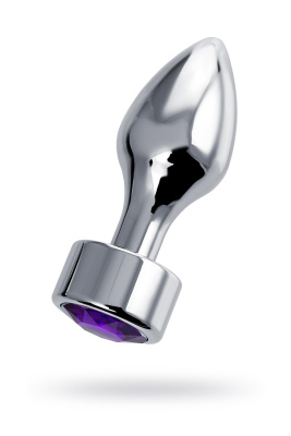 Анальная втулка Штучки-дрючки, металл, серебряная, с кристаллом фиолетовым, 9,5 см, d 3,5 см, 130 (0