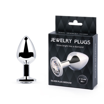 SILVER PLUG MEDIUM (втулка анальная), L 82 мм, D 34 мм, вес 90г, цвет кристалла бесцветный, (SM-01)